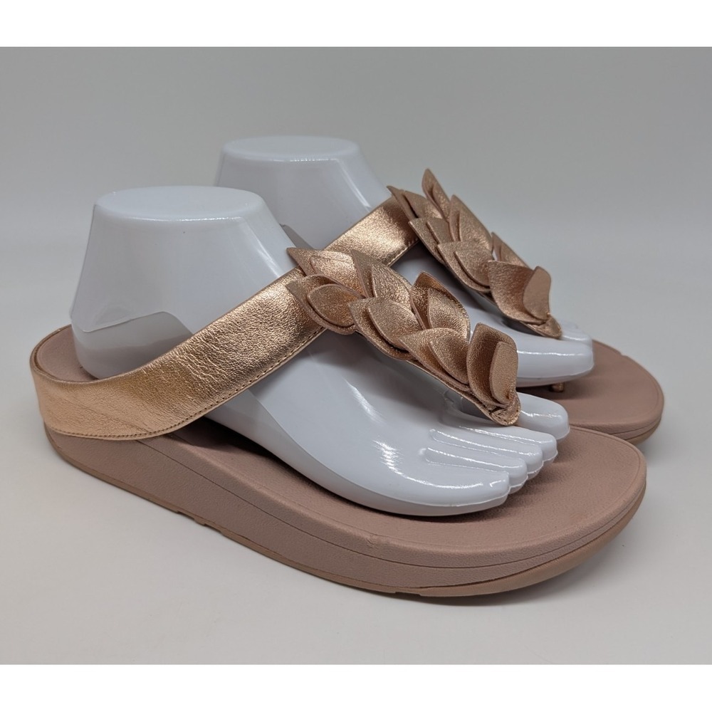 FitFlop Florrie Sandals Womens Sz 10 Rose Gold Thong Slide Shoes Floral Metallic